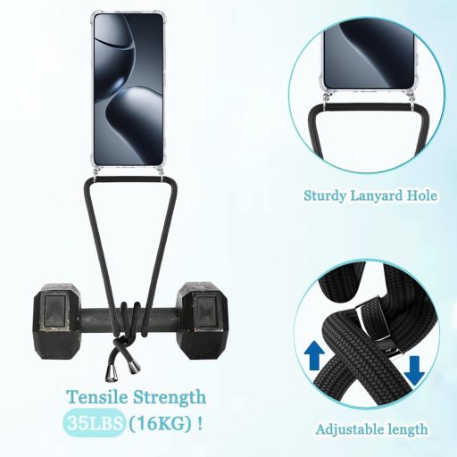 TTSWJBD Puzdro na Xiaomi 14T s popruhom na krk - Priehľadný silikónový ochranný kryt s odnímateľnou čiernou šnúrkou a ochrannou fóliou na displej