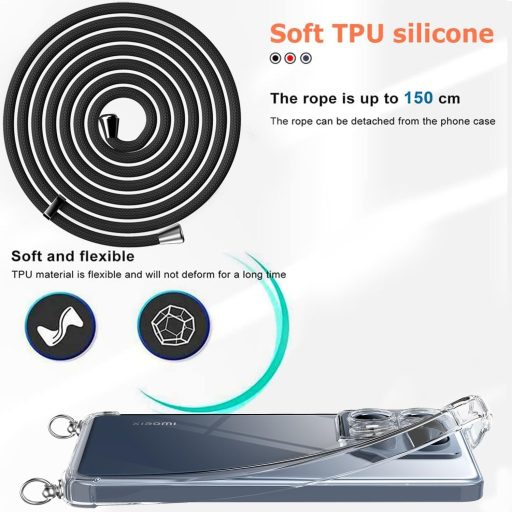 TTSWJBD Puzdro na Xiaomi 14T s popruhom na krk - Priehľadný silikónový ochranný kryt s odnímateľnou čiernou šnúrkou a ochrannou fóliou na displej
