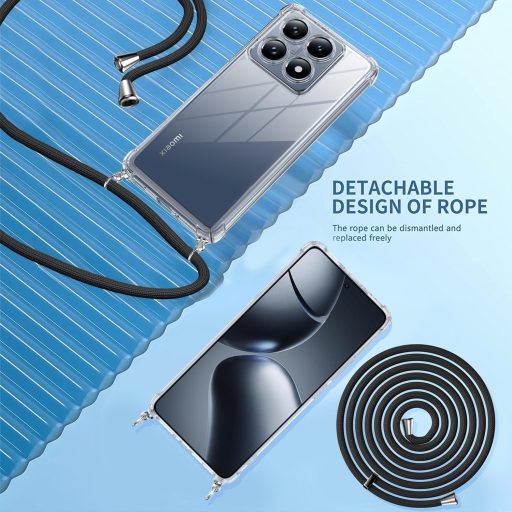 TTSWJBD Puzdro na Xiaomi 14T s popruhom na krk - Priehľadný silikónový ochranný kryt s odnímateľnou čiernou šnúrkou a ochrannou fóliou na displej