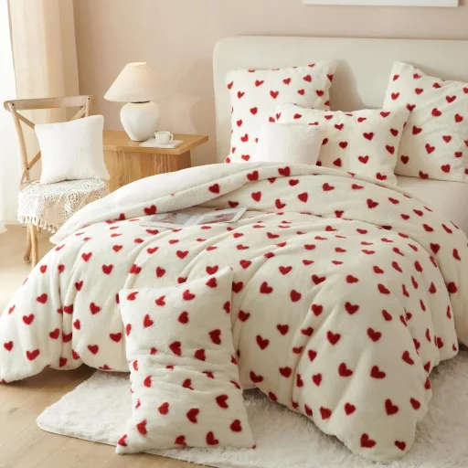 Set lenjerie de pat Freyamy Pluș, 135x200 cm, 4 piese, roșu-alb, cu model inimă, blană artificială, husă de iarnă moale cu fermoar pentru pilotă și pernă