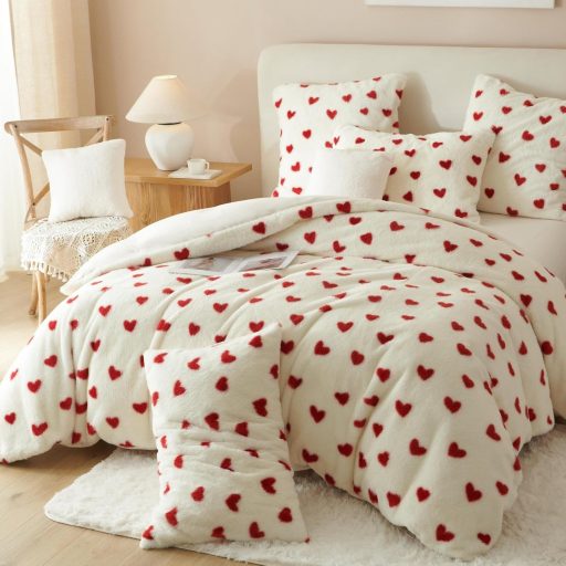 Freyamy Plüss Ágynemű Szett 135x200 cm 4 Részes Piros-Fehér Szív Mintás Műszőrme Puha Téli Ágyneműhuzat Cipzáras Takaróhuzattal és Párnahuza