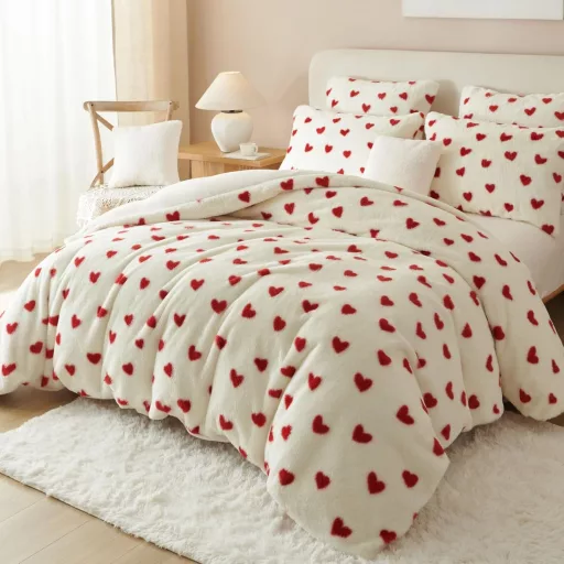 Set lenjerie de pat Freyamy Pluș, 135x200 cm, 4 piese, roșu-alb, cu model inimă, blană artificială, husă de iarnă moale cu fermoar pentru pilotă și pernă