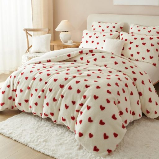 Freyamy Plüss Ágynemű Szett 135x200 cm 4 Részes Piros-Fehér Szív Mintás Műszőrme Puha Téli Ágyneműhuzat Cipzáras Takaróhuzattal és Párnahuza
