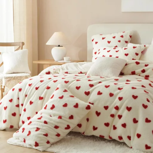 Set lenjerie de pat Freyamy Pluș, 135x200 cm, 4 piese, roșu-alb, cu model inimă, blană artificială, husă de iarnă moale cu fermoar pentru pilotă și pernă