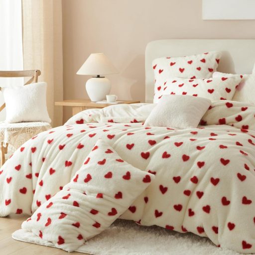 Freyamy Plüss Ágynemű Szett 135x200 cm 4 Részes Piros-Fehér Szív Mintás Műszőrme Puha Téli Ágyneműhuzat Cipzáras Takaróhuzattal és Párnahuza