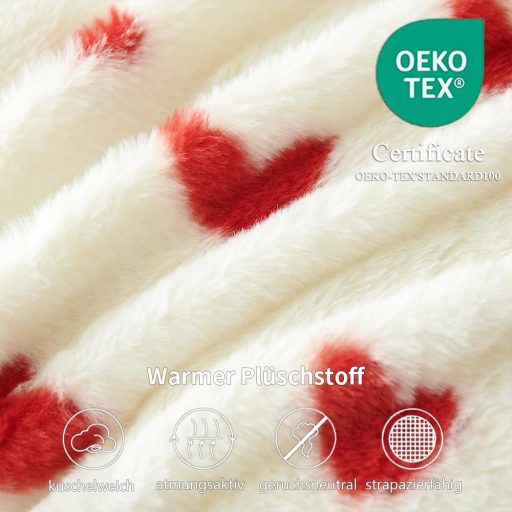 Freyamy Plüss Ágynemű Szett 135x200 cm 4 Részes Piros-Fehér Szív Mintás Műszőrme Puha Téli Ágyneműhuzat Cipzáras Takaróhuzattal és Párnahuza