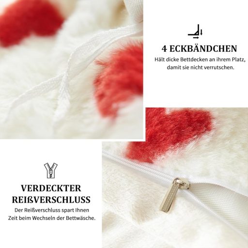 Freyamy Plüss Ágynemű Szett 135x200 cm 4 Részes Piros-Fehér Szív Mintás Műszőrme Puha Téli Ágyneműhuzat Cipzáras Takaróhuzattal és Párnahuza