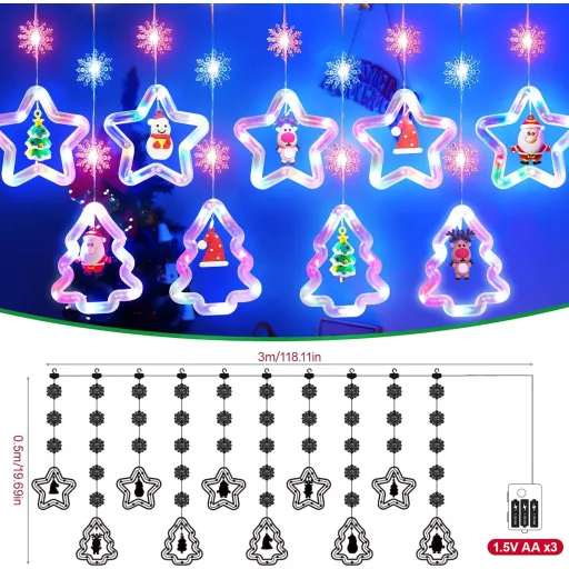 SOARFLY Karácsonyi Ablakdísz Fényfüggöny - 120 LED Színes Világítás, 8 Üzemmód, Távirányítóval, 3m, Kültéri-Beltéri Dekoráció