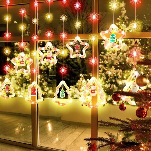 SOARFLY Karácsonyi Ablakdísz Fényfüggöny - 120 LED Színes Világítás, 8 Üzemmód, Távirányítóval, 3m, Kültéri-Beltéri Dekoráció