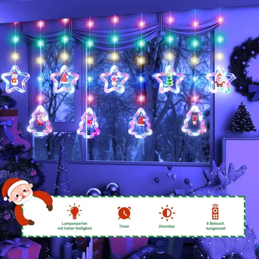SOARFLY Vianočná okenná dekorácia svetelná clona - 120 LED farebné osvetlenie, 8 režimov, s diaľkovým ovládaním, 3m, vonkajšia-vnútorná dekorácia