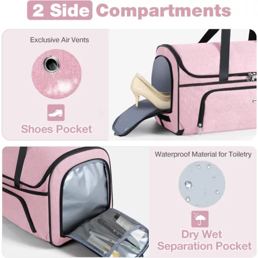 Lekespring putna torba s kotačićima 47L s pretincem za cipele, konvertibilna putna torba ružičasta