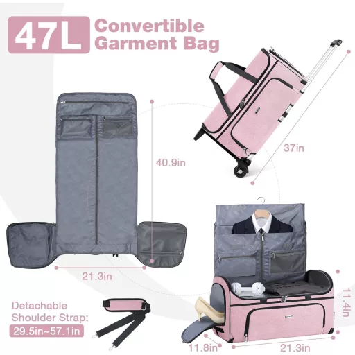 Lekespring Geantă de voiaj cu rotile 47L, cu compartiment pentru pantofi, transformabilă, roz