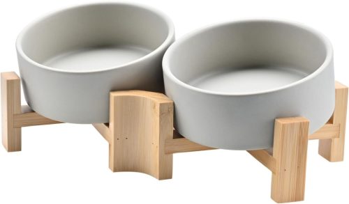 SPUNKYJUNKY 15° Dőlésszögű Kerámia Etetőtál Fa Állvánnyal - 2x400ml Szürke Kutyatál Lapos Orrú Kisállatok Számára, Csúszásmentes