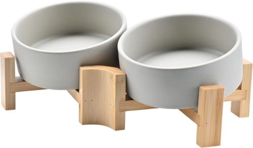 Bol ceramic SPUNKYJUNKY cu suport de lemn și înclinare de 15° - 2x400ml Gri, pentru câini cu bot turtit și animale de companie, antiderapant