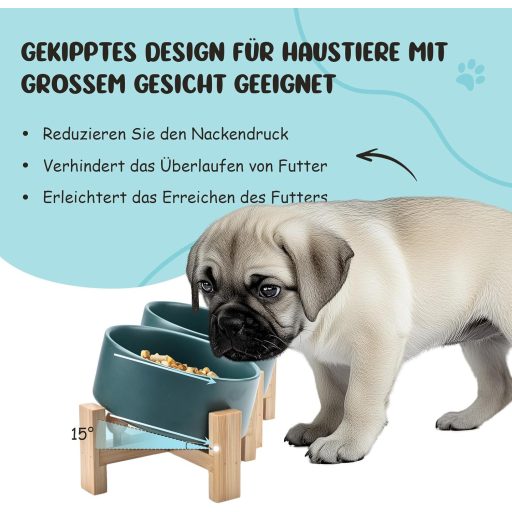 SPUNKYJUNKY 15° Dönthető Kerámia Tál Fa Állvánnyal Kutyáknak Macskáknak 400ml Zöld