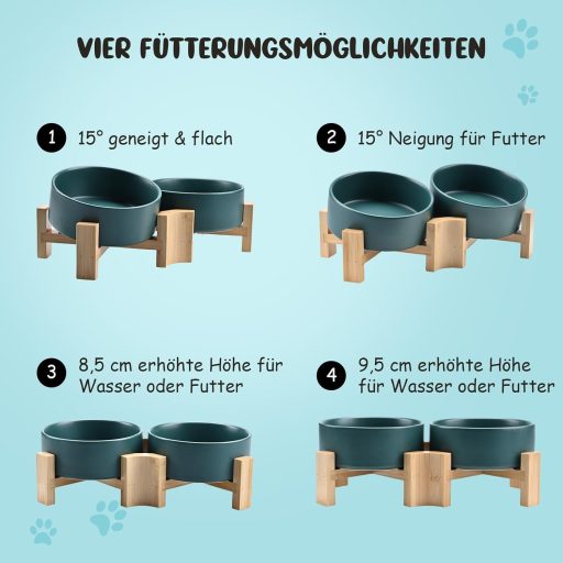 SPUNKYJUNKY 15° Dönthető Kerámia Tál Fa Állvánnyal Kutyáknak Macskáknak 400ml Zöld