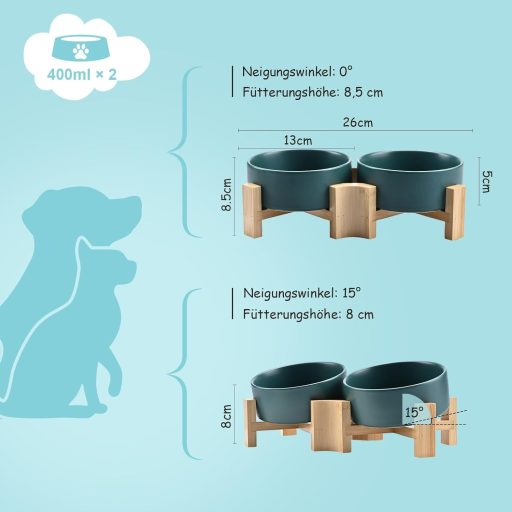 SPUNKYJUNKY 15° Dönthető Kerámia Tál Fa Állvánnyal Kutyáknak Macskáknak 400ml Zöld
