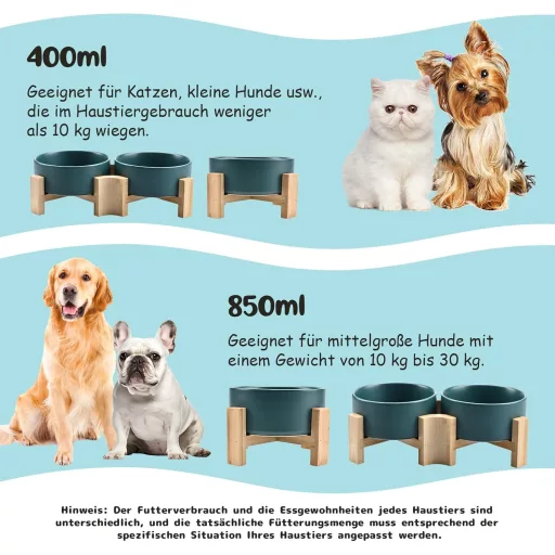 SPUNKYJUNKY 15° Keramička zdjela s nagibom i drvenim stalkom za pse i mačke, 400 ml, zelena