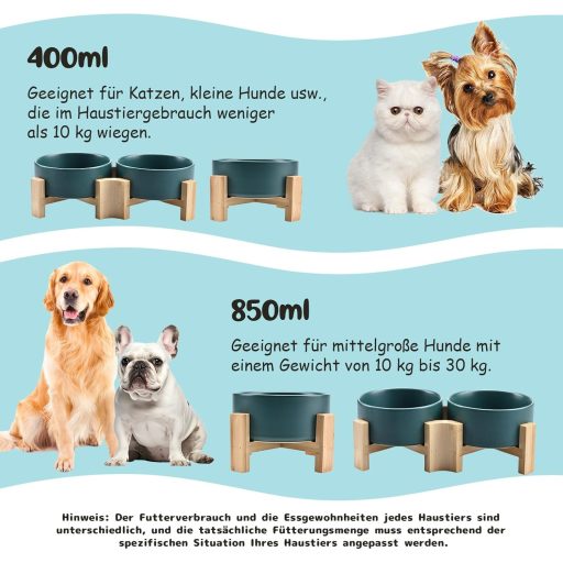 SPUNKYJUNKY 15° Dönthető Kerámia Tál Fa Állvánnyal Kutyáknak Macskáknak 400ml Zöld