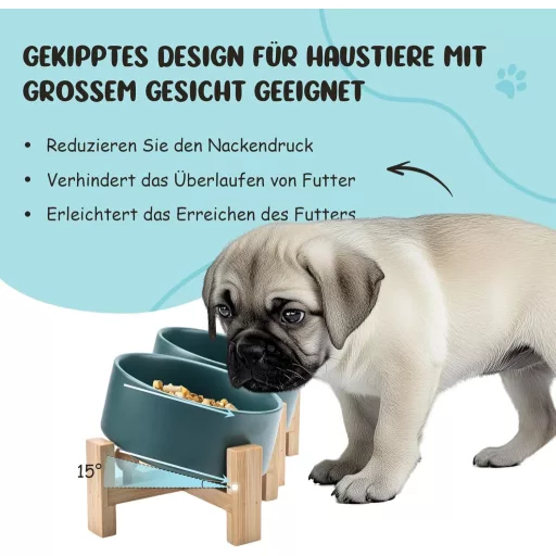 SPUNKYJUNKY 15° Dönthető Kerámia Tál Fa Állvánnyal Kutyáknak Macskáknak 400ml Zöld