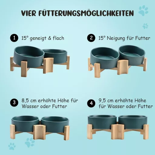 SPUNKYJUNKY 15° Dönthető Kerámia Tál Fa Állvánnyal Kutyáknak Macskáknak 400ml Zöld