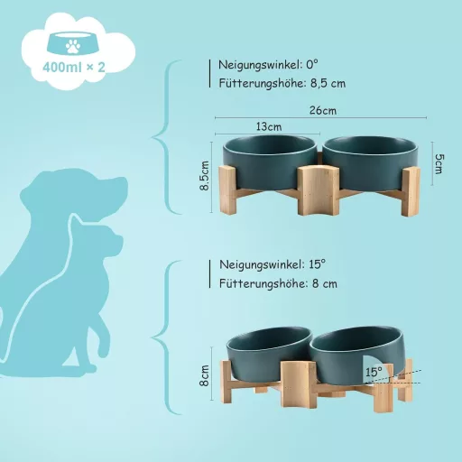 SPUNKYJUNKY 15° Dönthető Kerámia Tál Fa Állvánnyal Kutyáknak Macskáknak 400ml Zöld