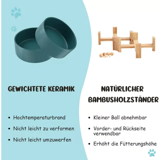 SPUNKYJUNKY 15° Dönthető Kerámia Tál Fa Állvánnyal Kutyáknak Macskáknak 400ml Zöld