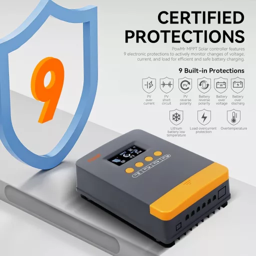 Controler de încărcare solară MPPT PowMr 45A 12V/24V pentru auto, baterii plumb-acid și litiu, intrare PV maximă 80V.