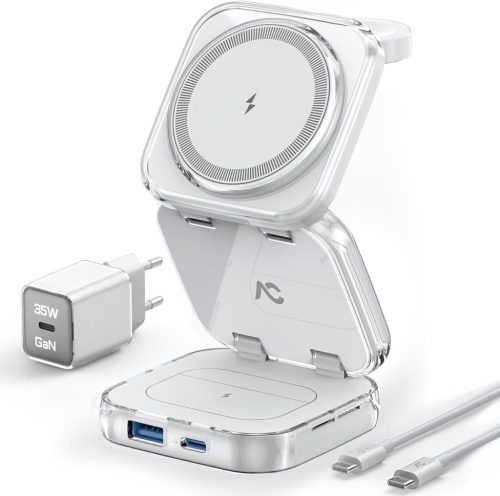 AC ISLAND 5 az 1-ben MagSafe Töltőállomás iPhone és Apple Watch Készülékekhez - Összecsukható Vezeték Nélküli Utazó Töltő USB-C/USB-A Portok