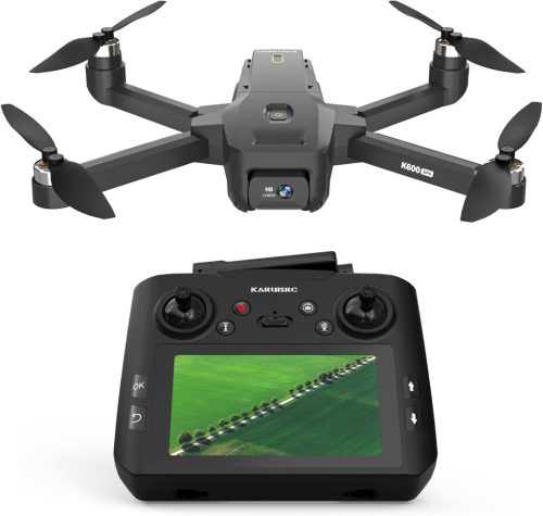 karuisrc K600 GPS Drón 1080P Kamerával, Beépített HD Kijelzős Távirányítóval, Összecsukható, Szélálló, SD Kártyával és Hordtáskával, Kezdőkn