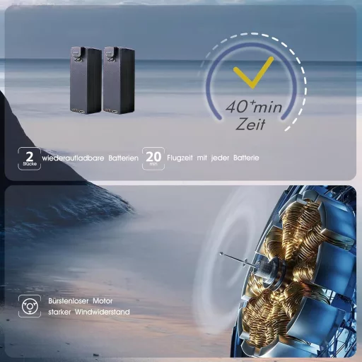 Dronă pliabilă CHUBORY F89 cu motor fără perii - Peste 40 de minute de zbor, cameră 4K HD, unghi de vizualizare 120°, mod urmărire, 2 baterii, geantă de transport