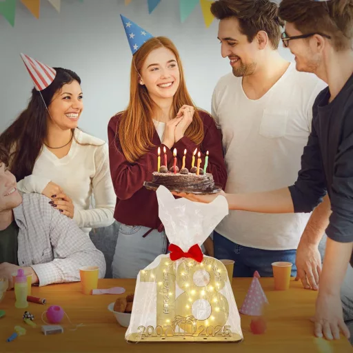 Seutgjie Dekoratív 18. Születésnapi Vendégkönyv LED Fényekkel - Fa Emlékkönyv Pénzajándékhoz Évszámokkal 2007-2025