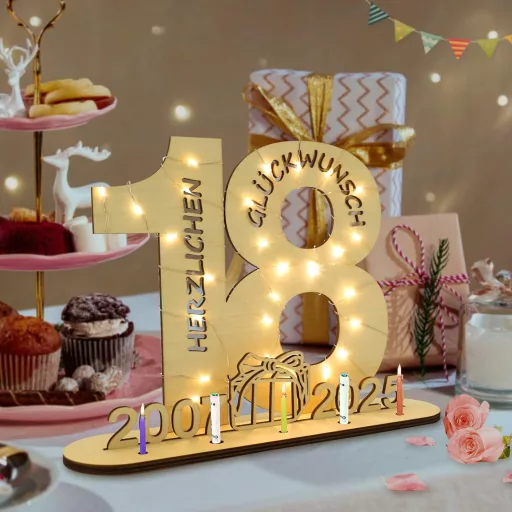 Seutgjie Dekoratív 18. Születésnapi Vendégkönyv LED Fényekkel - Fa Emlékkönyv Pénzajándékhoz Évszámokkal 2007-2025