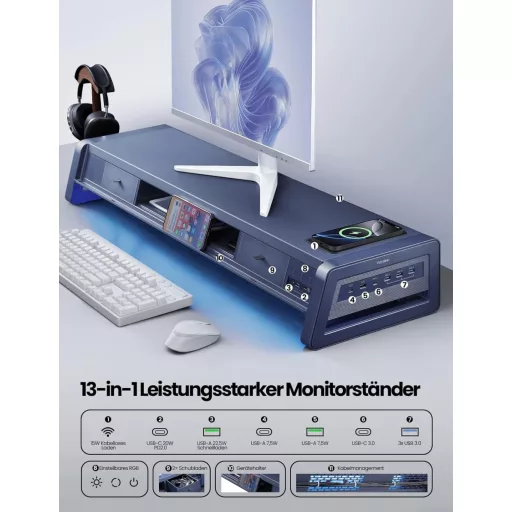 Vaydeer Dupla Monitor Állvány 2 Fiókkal, USB Portokkal és Vezeték Nélküli Töltéssel