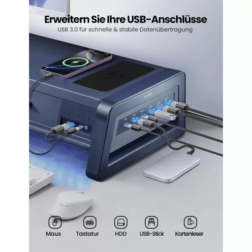 Vaydeer Dupla Monitor Állvány 2 Fiókkal, USB Portokkal és Vezeték Nélküli Töltéssel