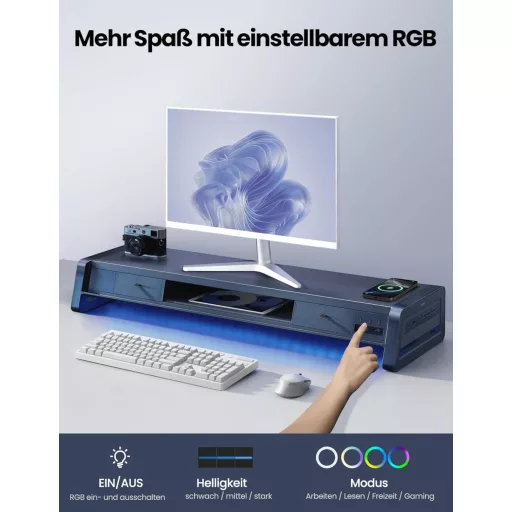 Vaydeer Dupla Monitor Állvány 2 Fiókkal, USB Portokkal és Vezeték Nélküli Töltéssel