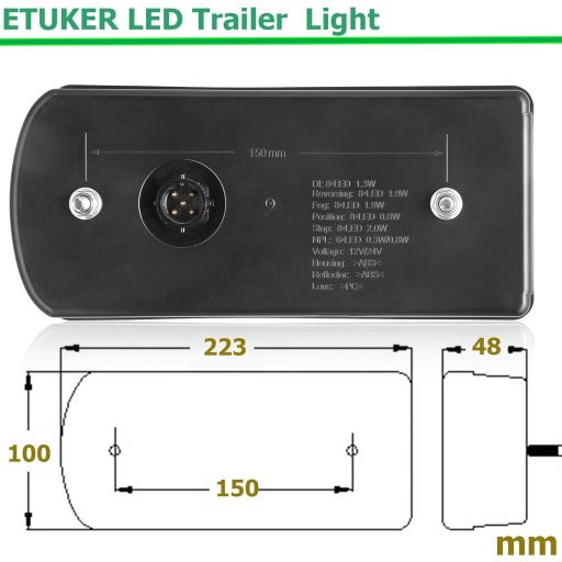 ETUKER LED Utánfutó Lámpa Szett 13 Tüskés 12V 7 Funkcióval Vízálló