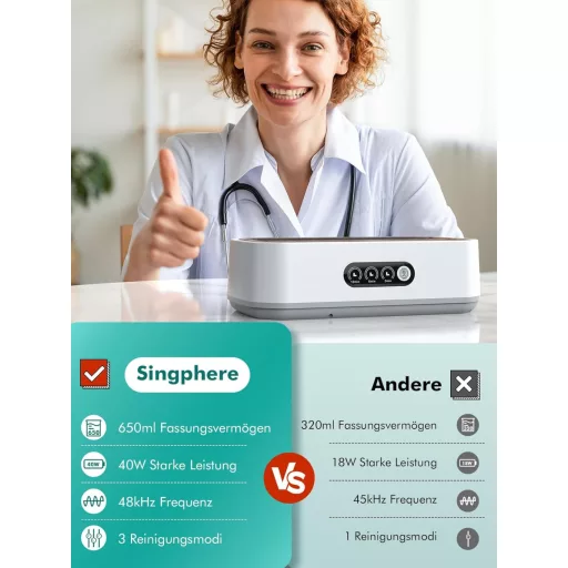 Dispozitiv de curățare cu ultrasunete Singphere 650ml, 48 kHz, pentru curățarea ochelarilor, bijuteriilor și protezelor dentare