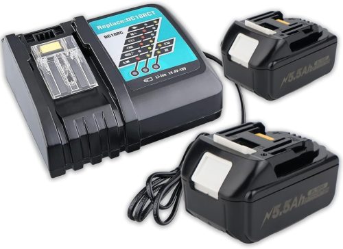 BXOXD Makita Kompatibilis 18V 5.5Ah Li-ion Akkumulátor Szett - 2 db Pótakkumulátor + DC18RC Gyorstöltő - BL1850 BL1860 Szerszámgépekhez