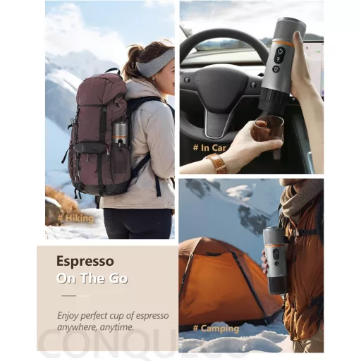 CONQUECO Prenosný elektrický kávovar na espresso – 12V kávovar do auta, batériový, kompatibilný s NS kapsulami a mletou kávou, sivý (2 ks