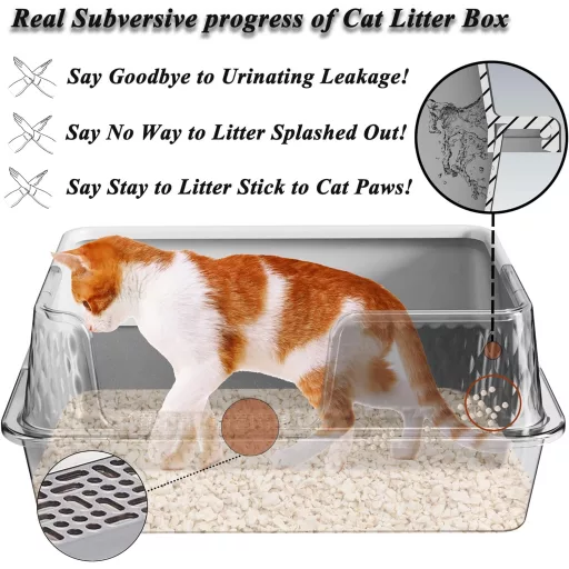 Suhaco Rozsdamentes Acél Macskatoalett Fedéllel, Alátéttel és Lapáttal - Magas Oldalú, Könnyen Tisztítható XL Méretű Beltéri Macska WC (Feke