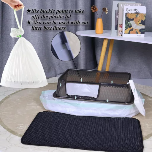 Suhaco Rozsdamentes Acél Macskatoalett Fedéllel, Alátéttel és Lapáttal - Magas Oldalú, Könnyen Tisztítható XL Méretű Beltéri Macska WC (Feke