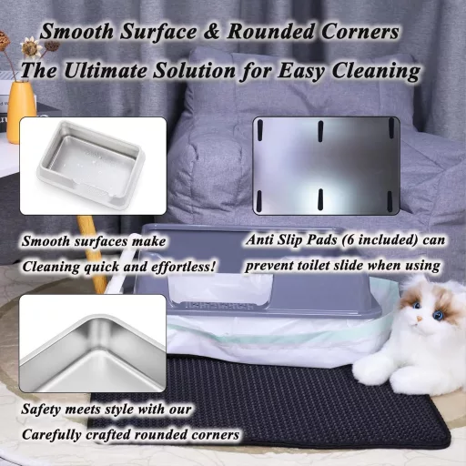 Suhaco Rozsdamentes Acél Macskatoalett Fedéllel, Alátéttel és Lapáttal - Magas Oldalú, Könnyen Tisztítható XL Méretű Beltéri Macska WC (Feke