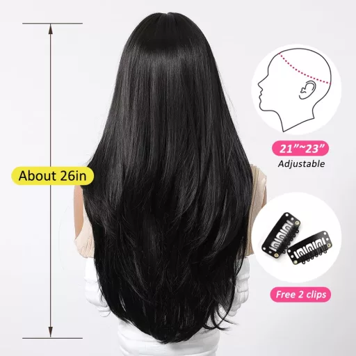 OUFEI Fekete Hosszú Egyenes Paróka Frufruval - Hőálló Szintetikus Haj Napi Viseletre, Partikra és Cosplay Eseményekre
