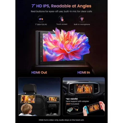 ATOTOZONE A5L Dupla DIN Android Autórádió GPS Navigációval, Wireless CarPlay, 7" Érintőképernyő