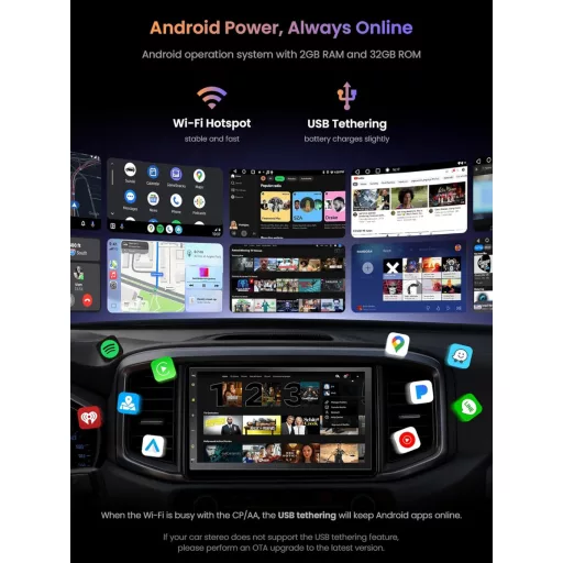 ATOTOZONE A5L Dupla DIN Android Autórádió GPS Navigációval, Wireless CarPlay, 7" Érintőképernyő