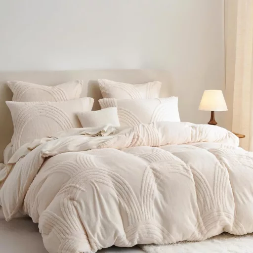 Set lenjerie de pat Tospass de pluș 200x200 cm Bej cu model matlasat - Lenjerie de iarnă moale din polar coral cu husă de pilotă cu fermoar și 2 fețe de pernă 80x80