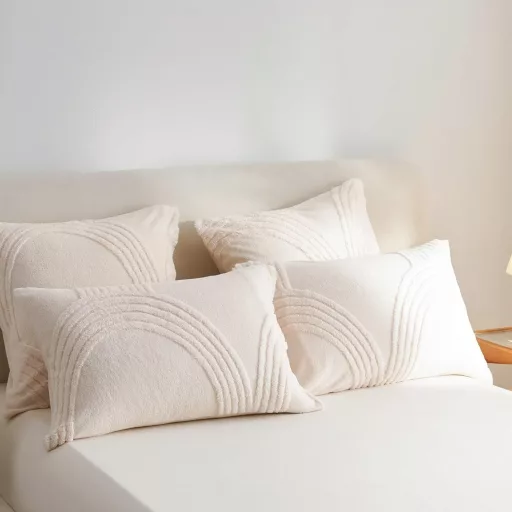 Set lenjerie de pat Tospass de pluș 200x200 cm Bej cu model matlasat - Lenjerie de iarnă moale din polar coral cu husă de pilotă cu fermoar și 2 fețe de pernă 80x80
