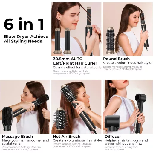 UKLISS Pro Airstyler 6 v 1 Iónový Kulmofén, 1400W, 110 000 RPM, S funkciou Automatického Natáčania a Vyrovnávania Vlasov, Pre Všetky Typy Vlasov