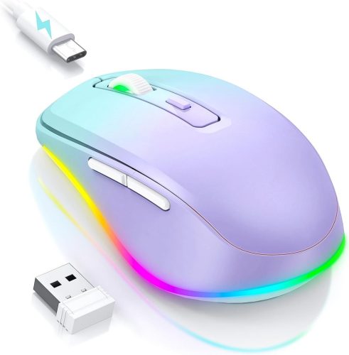 Seenda LED Vezeték Nélküli Egér, Újratölthető Jiggler Funkcióval, Csendes 2.4G USB Egér Laptophoz, 2000 DPI, Világító, Világoszöld-Lila